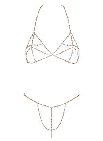 Soutien-gorge et string bijoux en chaînettes dorées et strass irisés - R24505186001